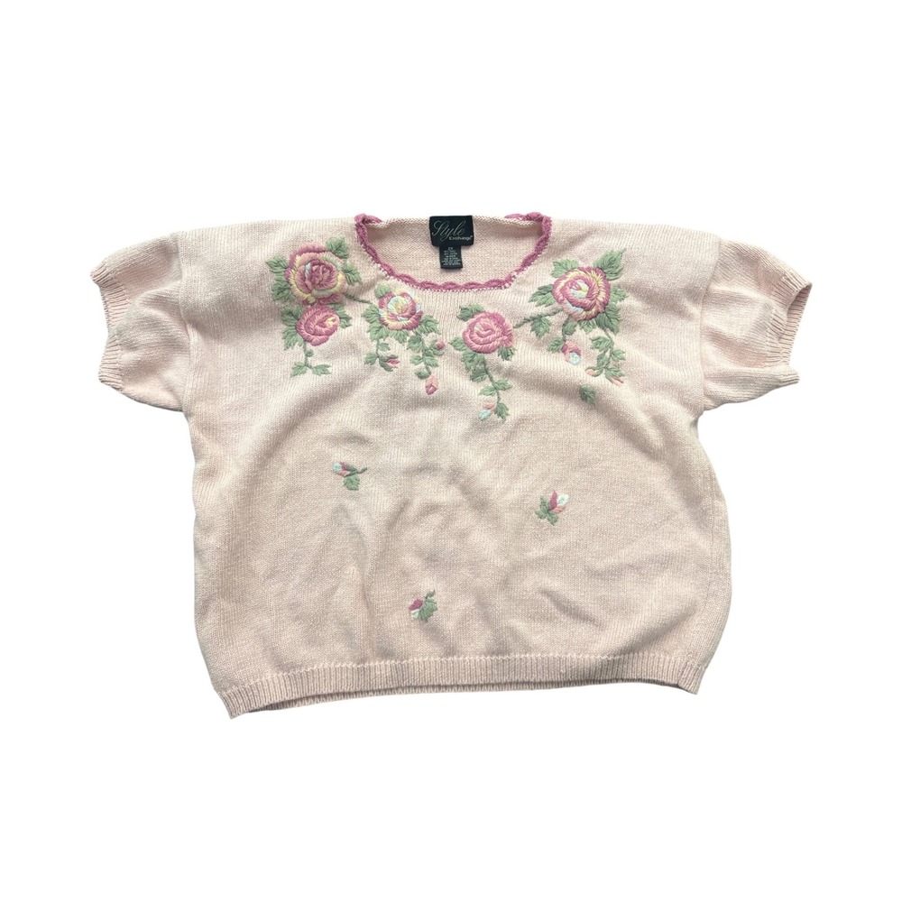 Style Exchange Knit Sweater Womens 2X Pink Floral Embroidered Short Sleeve Top